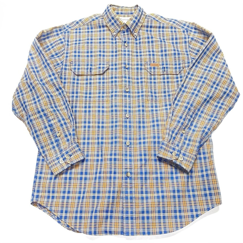 Vintage Carhartt Flannel Button Shirt Mens M Blue Plaid Outdoor Work VTG